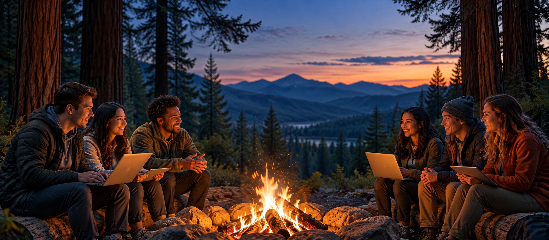 Young technologists gathering with laptops around a campfire in the mountains at dusk